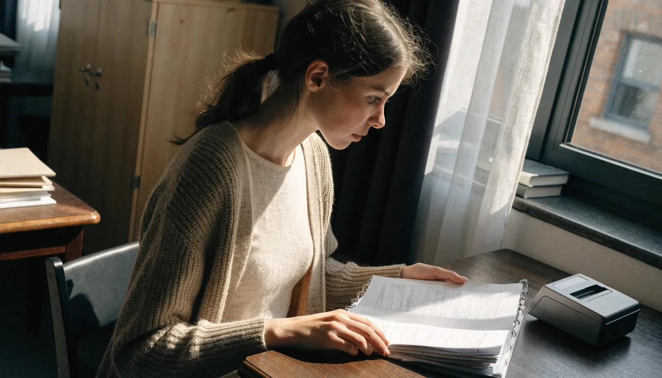 Kaufmännische Angestellte erfasst Papierbelege an einem Bürotisch im Tageslicht