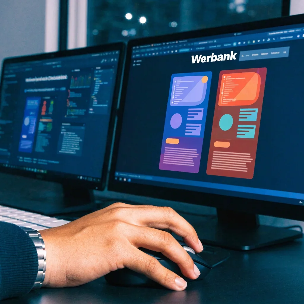 Schreibtisch in einem Berliner Softwarestudio mit Layoutpapier und Laptop während der Einrichtung einer Web-Plattform