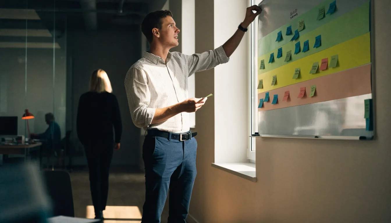 Projektmanagement-Workbench mit Planungsunterlagen und Projektkarten im Berliner Büro